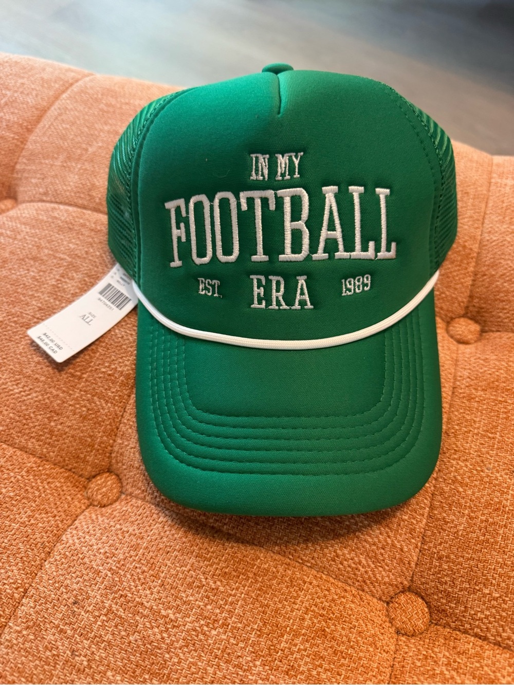Anthropologie Green 'FOOTBALL ERA' Trucker Hat with White Piping NWT!
